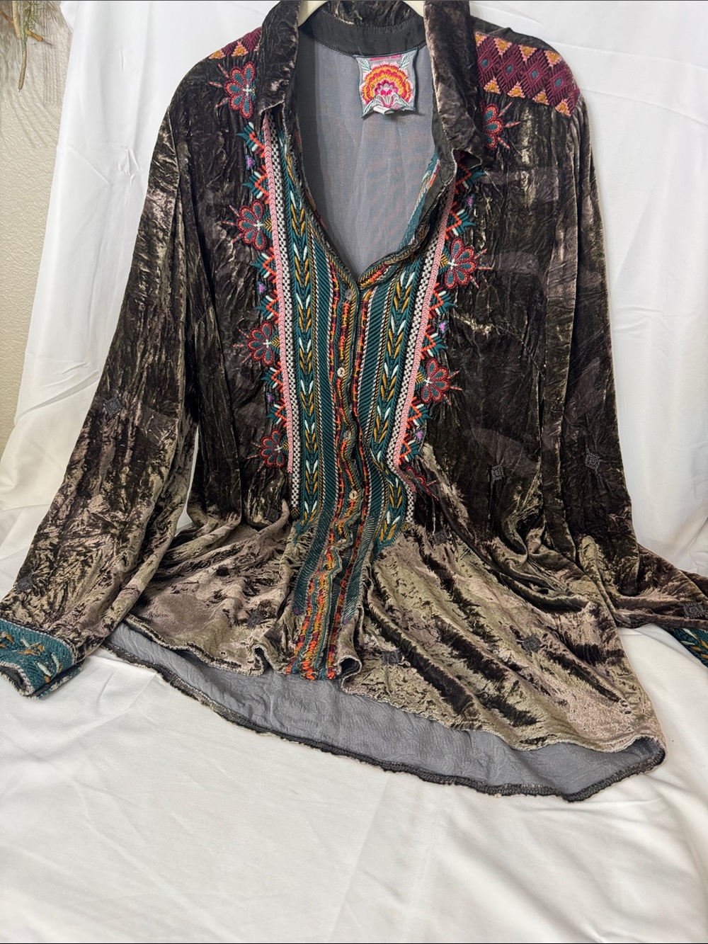 Johnny Was Brown Velvet Button-Down Shirt with Teal & Multicolor Embroidery